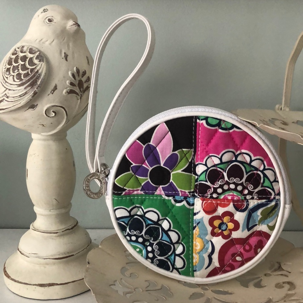 Vera Bradley white leather accents round wristlet